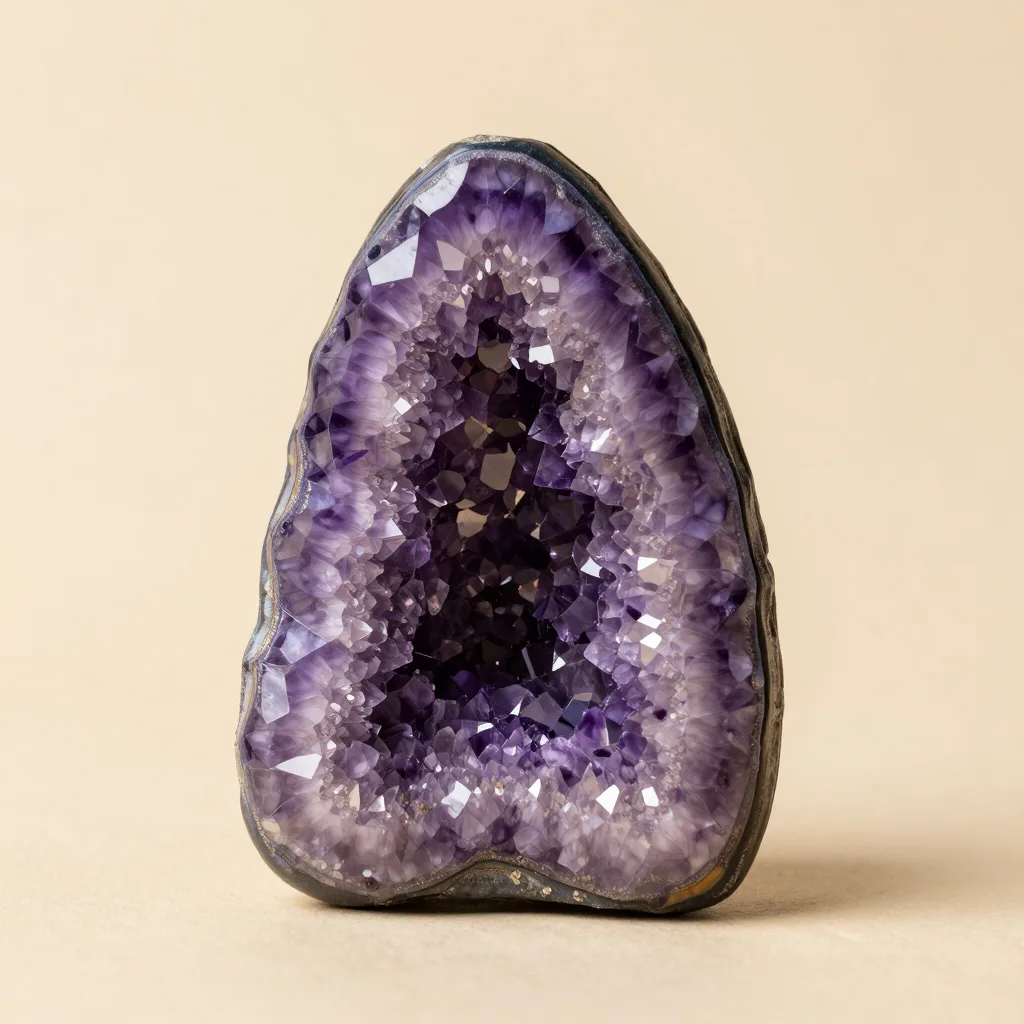 A medium amethyst geode on a light background