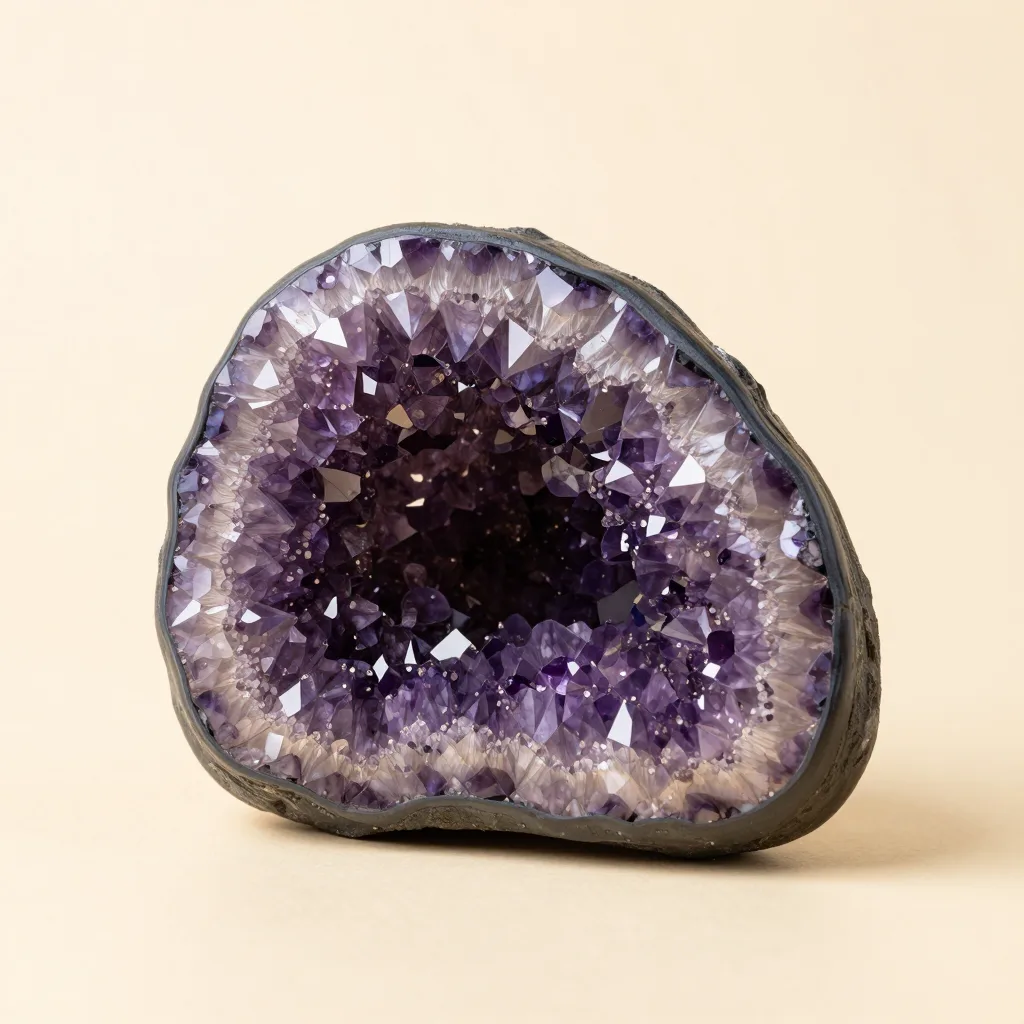 A large amethyst geode on a light background