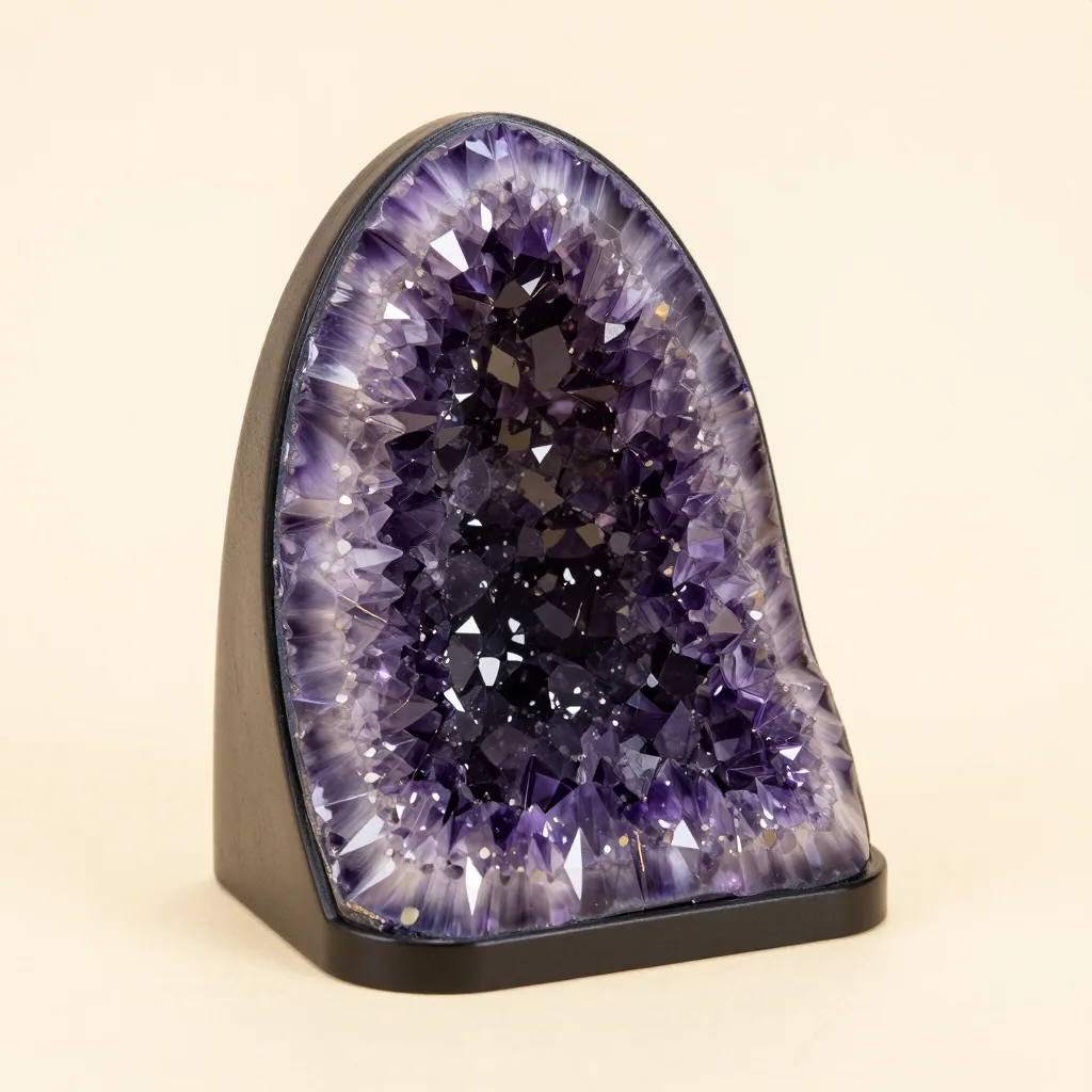 An amethyst geode bookend on a light background