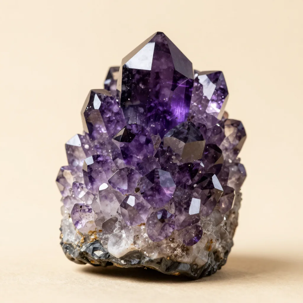 An amethyst crystal cluster on a light background