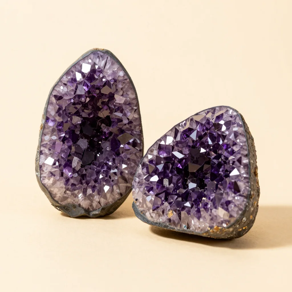 Two amethyst geodes together on a light background
