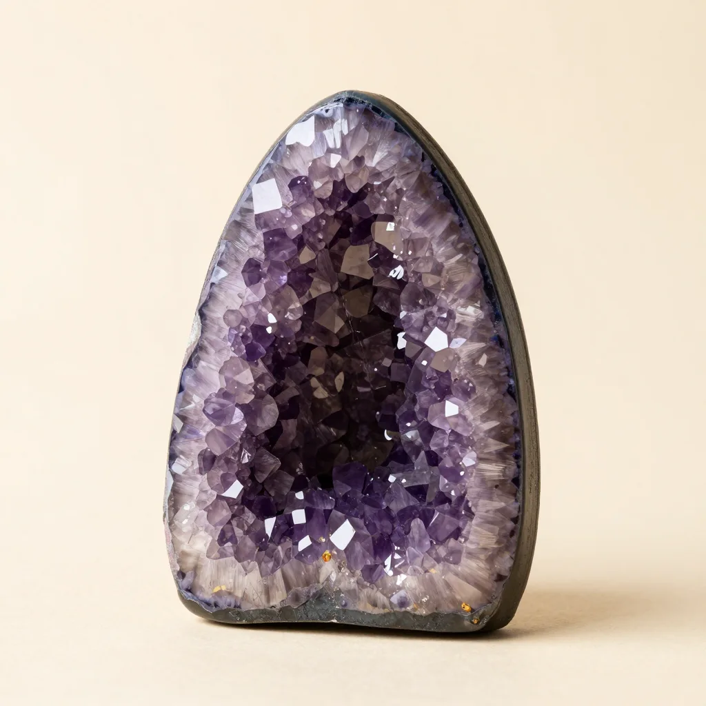 A tabletop amethyst geode on a light background