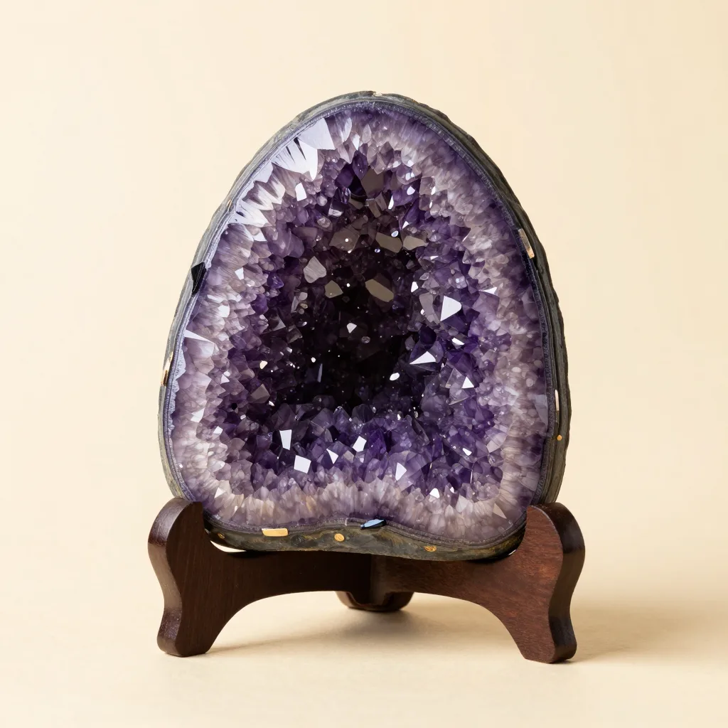 An amethyst geode on a wooden stand on a light background