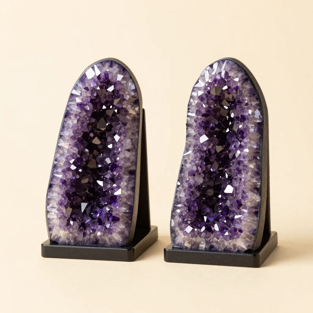 Two large amethyst geode bookends on a light background