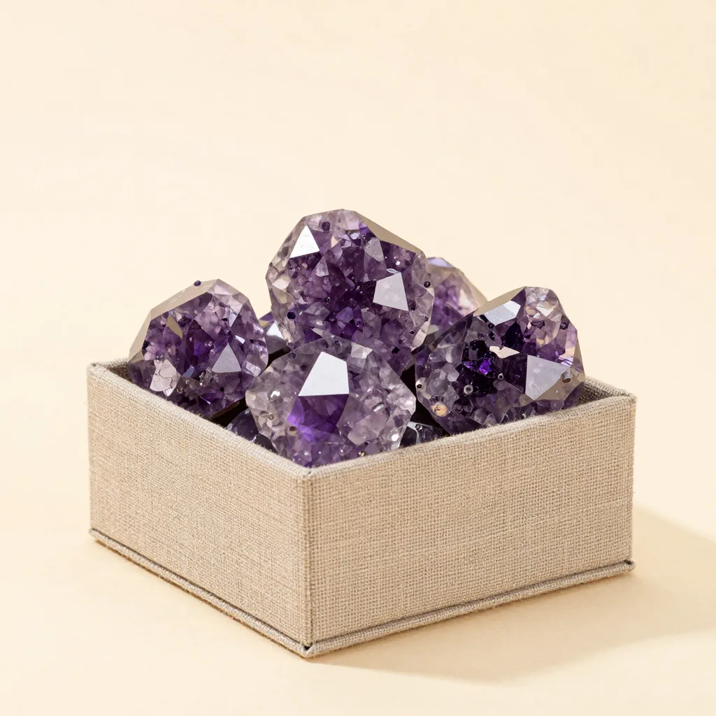 A crystal decor gift set of amethyst in a linen box on a light background